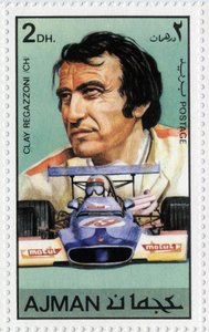 UAE-stämpel som representerar den schweiziska bilföraren Clay Regazzoni (Ne 1939).