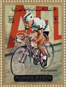 UAE-stämpel som representerar cyklisten Rolf Wolfshohl (Ne 1938).