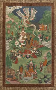 Frisyr och andra scener. Thangka från en uppföljare tillägnad de viktigaste avsnitten av Buddhas liv. av School Asian