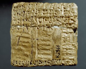 Assyrisk civilisation: graverad låda med kilskriftsfigurer om produktionen av två silvergruvor. Istanbul, arkeologiskt museum