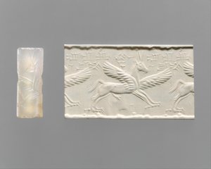 Cylindertätning och modernt intryck: bevingad häst med klor och horn, ca 1300-1200-talet f.Kr. (kalcedon)