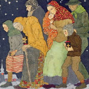 På väg till kyrkan, julafton, ca 1910, ur "Christmas" utgiven av J.M. Dent  Sons