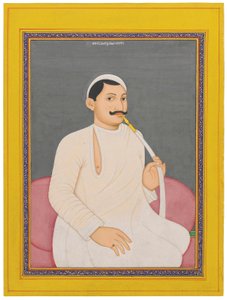 Ett sittande porträtt av Ram Chandra Lahiri, Dewan av Cooch Bewar (1829 - 1842, ca 1840 (ogenomskinliga pigment förhöjda med guld på papper) av School Bengali