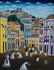 Naiv konstmålning som visar gatubild, delstaten Bahia, Brasilien