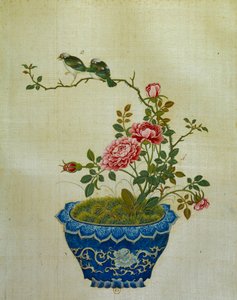 Konst Kina: målning på sidenblommor och fåglar. Anonym av School Chinese