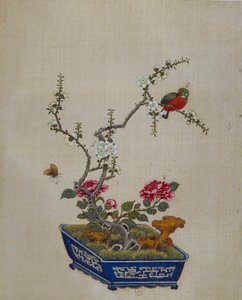 Kinesisk konst: blommor och fåglar (bonzai). 1700-tals sidenmålning. Paris, B.N. av School Chinese