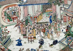 Kinesisk konst: traditionell fest med konsert. Målning på porslin. 1700-talet. Paris, Guimet-museet, Nationalmuseet för asiatisk konst av School Chinese