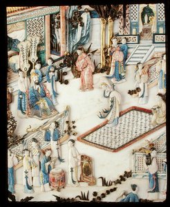 Detalj från en panel som visar en dignitär som tittar på en kvinnlig dansare, Qianlong period av School Chinese