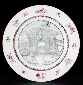 Middagstallrik dekorerad en grisaille med Rose Famille emaljer föreställande Jacob Bobart (1599-1680) med en get och en hund, Qianlong period (1736-95) (porslin) av School Chinese