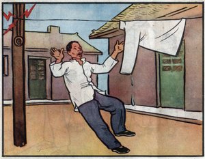 Ritning, risken för elstötar genom att lägga tvätten våt på elkablar. Illustration, i "How to use electricity safely", Kina av School Chinese