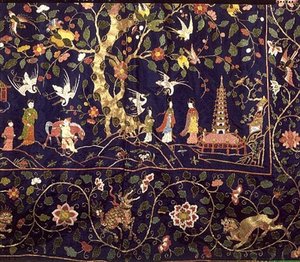 Broderade hängningar från State Bed i Calke Abbey, tidigt 1700-tal (detalj) (broderi av färgat siden och guldtråd) av School Chinese