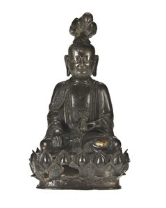 Figur av Guanyin, den kinesiska barmhärtighetsgudinnan sittande på en lotusdesignbas med en korp uppflugen på huvudet och en kanin vilande i hennes vänstra hand av School Chinese