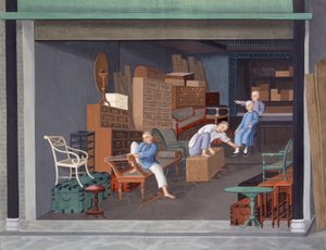 Tillverkning av europeiska snickerier, ca 1825 (gouache på papper) av School Chinese