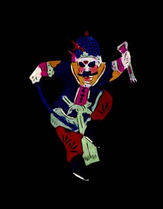 Männliche Figur, die Kampfkunst mit einem Schwert praktiziert. Scherenschnitt, chinesische Volkskunst, Peking.