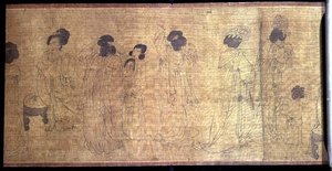 Palace Ladies at Leisure Handscroll, detalj av damer som förbereder sig för att gå ut, efter ett original av Wen-chu Chou (fl.970) Southern Sung period, c.1140 (bläck och pigment på siden) (se även 114250) av School Chinese