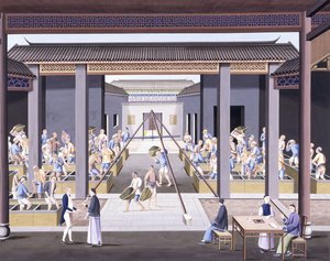 Pounding the Tea, c.1800 (gouacheteckningar på tungt inhemskt papper) av School Chinese