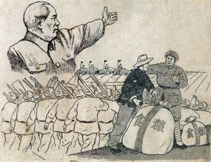 President Mao (1893-1976) visar vägen till det moderna jordbruket för kinesiska bönder. Illustration av propaganda, i "Satiriska teckningar", Pekin av School Chinese