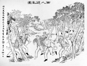 Boxer Rebellion: Européer som slåss mot boxarna. Illustration publicerad på Shanghai Journal Toung-Ouen-Hou-Pao.1899 ca. av School Chinese