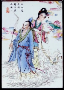 Summer Allegory En kvinna som håller en liljablomma och en man som håller i en rökelsering går genom sprayen. Målning på anonymt porslin. 1700-tals privatsamling av School Chinese