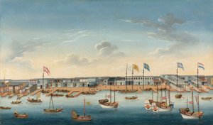 The Hongs at Canton, ca 1780 (olja på duk) av School Chinese