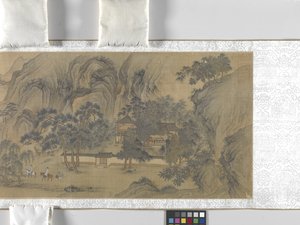 Travellers In A Riverside Village, okänt datum (tusch och färg på siden) av School Chinese