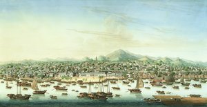 Vy över Kanton, ca 1800 (akvarell och gouache på papper) av School Chinese