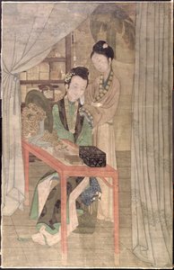 Kvinna vid hennes toalett (gouache på siden) av School Chinese
