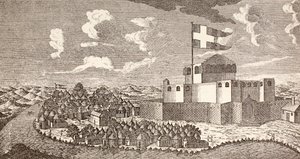 Danska kolonialfortet Fredensborg, Ningo, Ghana som det såg ut 1760, ur "Afrika, dets Opdagelse, Erobring og Kolonisation", publicerad 1901 i Köpenhamn (litografi) av School Danish