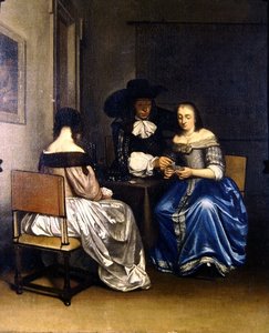 Interiörscen med kortspelare (olja på duk)