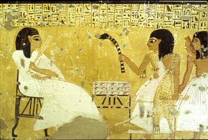 Forntida Egypten, Inherkhaus grav, Thebe, Inherkhau inför sina söner som utför prästens plikter, Iförd leopardskinn, Väggmålning, Adelns dal, 20:e dynastin (foto) av School Egyptian