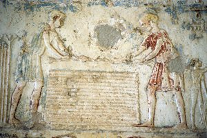Forntida Egypten, Väggristning/-målning, Petosiris grav, Tuna el Gebel, 300 f.Kr, Linskörden (foto) av School Egyptian