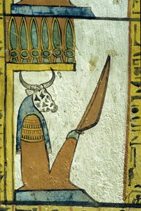 Forntida Egypten, väggmålning, underjordens gud med ko-huvud, Sennedjems grav, Thebe, Deir el Medina av School Egyptian