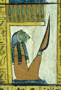 Forntida Egypten, Väggmålning, Underjordens gud med lejonhuvud, Sennedjems grav, Thebe, Deir el Medina av School Egyptian
