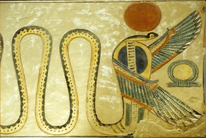 Forntida Egypten, Väggmålning, Amon hir Khopshefs grav, Uraeus och bevingade ormar vaktar ingången till gravkammaren, 20:e dynastin, Drottningarnas dal (foto) av School Egyptian