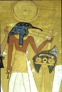 Forntida Egypten, väggmålning Inherkhau-graven, Thebe, guden Thoth presenterar den döde för Osiris, 20:e dynastin, ibis-huvad gud med månskiva (foto) av School Egyptian