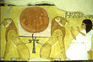 Forntida Egypten, väggmålning Inherkhaus grav, Thebe, Inherkhau tillbedjande två lejon, dagens och morgondagens väktare, 20:e dynastin (foto) av School Egyptian