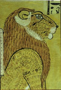Forntida Egypten, Väggmålning, Inherkhaus grav, Thebe, Ett av de två lejonen, dagens och morgondagens väktare, 20:e dynastin (foto) av School Egyptian