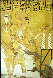 Forntida Egypten, Väggmålning Inherkhaus grav, Thebe, De adligas grav, 20:e dynastin, En präst häller upp libationer för Inherkhau (foto) av School Egyptian