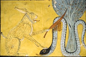 Forntida Egypten, Väggmålning Inherkhaus grav, Thebe, De adligas grav, 20:e dynastin, Amon ( Katt ) dödar ormen, föreställande Amon som besegrar ormen, Apophis under det heliga trädet (foto)