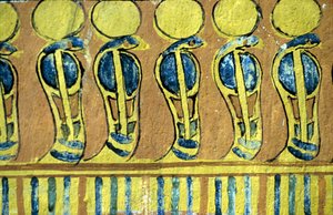 Forntida Egypten, Väggmålning, Uraeus-ormar vaktar Osiris helgedom, Sennedjems grav, Thebe, Deir el Medna av School Egyptian