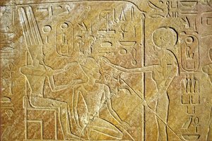 Forntida Egypten, Väggmålning/ristning, Sakhmet adresserar Amon Ra och Hatshepsut, Karnaktemplet, Luxor av School Egyptian