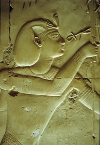 Forntida Egypten, Väggmålning/ristning, Seti I får liv, symboliserat av ankh, Seti I:s tempel, Abydos av School Egyptian