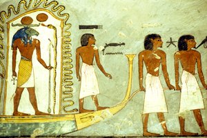 Forntida Egypten, Väggmålning/karvsnitt, Resa genom underjorden båt dragen av män, Ramses I:s grav, Thebe av School Egyptian