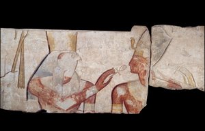 Forntida egyptisk konst: Kung Ramses II introduceras för gudomligheterna Horus, Amon och Hathor som ger honom liv och kungliga insignier. Låg kalkstensrelief från templet Ramses II a Abydos Omkring 1250 f.Kr. 19:e dynasti. Nytt imperium. Paris, Louvren av School Egyptian