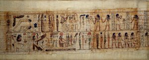 Forntida egyptisk konst Mytologisk Papyrus av Serimen. På toppen: under världens skapelse är guden Geb (Jorden) skild från gudinnan Nout (himlen); gudar och andar från och med. Nedan: Serimen hyllar solen som svämmar över med sin ra av School Egyptian