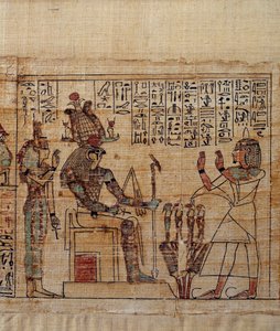 Forntida egyptisk konst: Mytologisk Papyrus av Serimen. serimen i tillbedjan inför guden ptah-sokar-osiris följt av Isis. Manuskript av den 21:a dynastin (ca 1069-945), tredje mellanperioden (ca 1069-664 f.Kr.). Målning. av School Egyptian