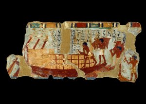 Forntida egyptisk konst: lastning av korn på en båtmålning på silt från Ounous grav (1450 f.Kr.). av School Egyptian
