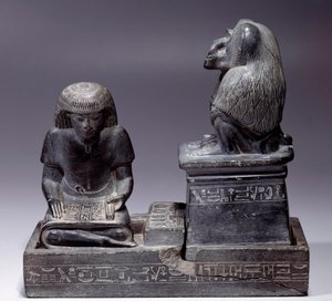 Egyptian Antiquitis: Skrivaren Nebmertouf och apan Thot, skriftens gud och skriftlärdes beskyddare. Skifferskulptur. Regne av Amenophis III (1391-1353) av School Egyptian