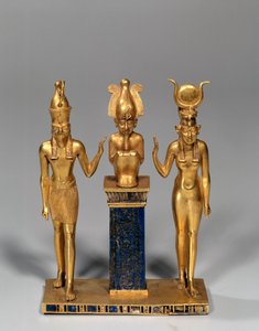 Egyptisk antikvitet: Osirisk triad i namnet Osorkon (Osiris omger av Isis och Horus. Guldhänge och lapis lazuli (lapis lazuli). 22:a dynastin, lågperiod. Paris, Louvren
