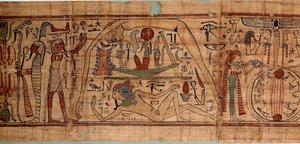 Egyptisk antik allegori över kosmos: mytologisk papyrus av Neskapashouty, bokskrivare av korn som representerar kosmogoni, med Geb, Nout, Nephtys, Osiris. 1070-664 f.Kr. 21:a dynastin. Sön 2,7x0,27 m Paris, Louvren av School Egyptian